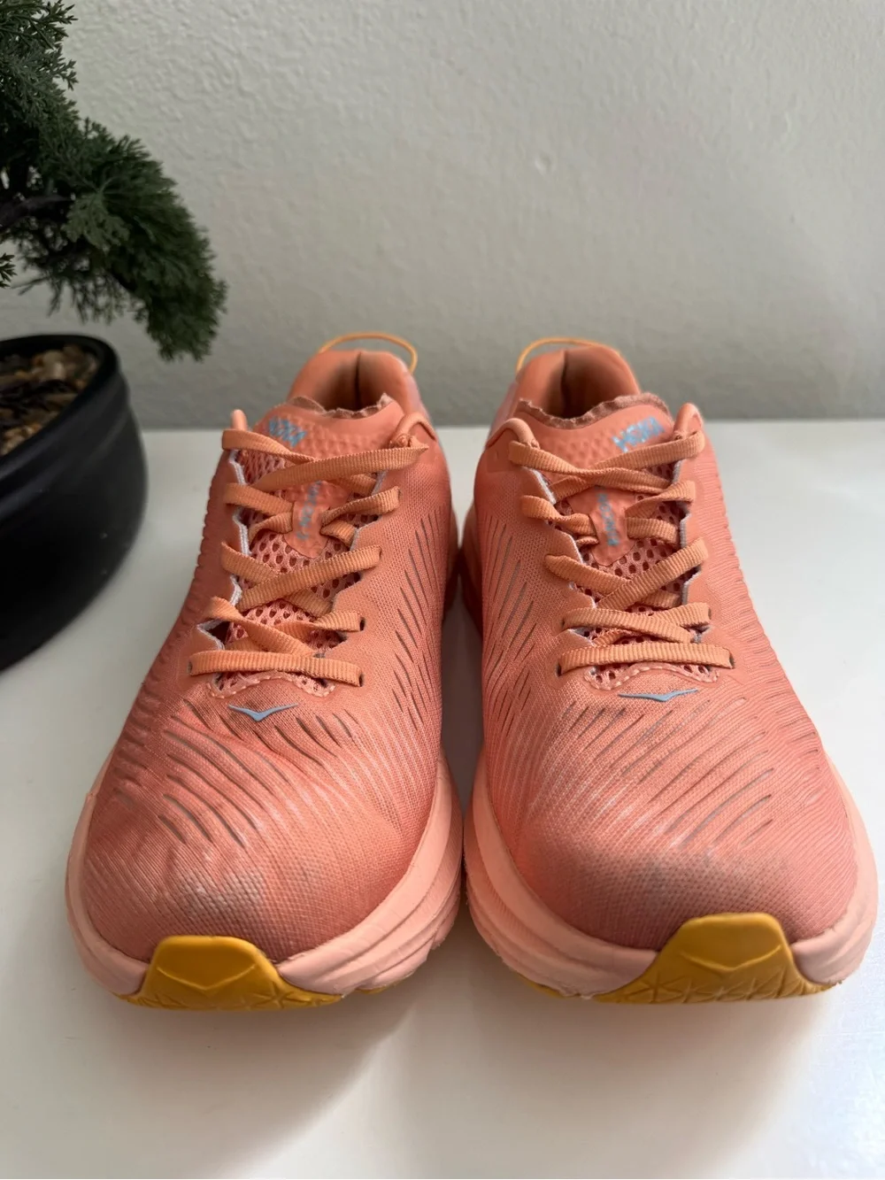 Hoka Rincon 3 Women size 7.5 Coral Peach Athletic Shoes with Light Blue Logo